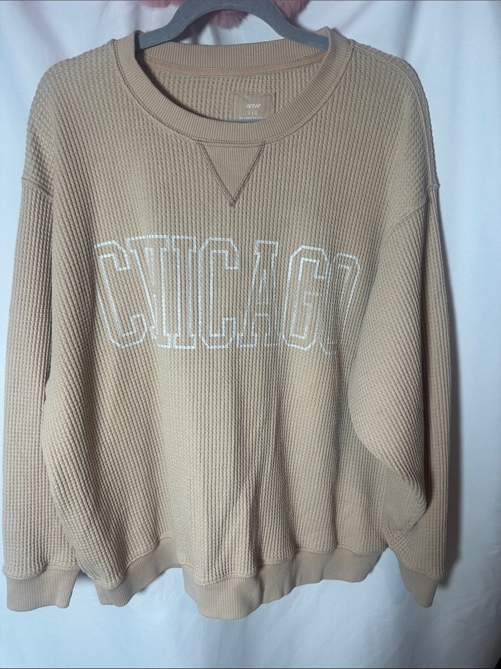 aerie Beige Waffle-Knit 'CHICAGO' Crewneck Sweatshirt